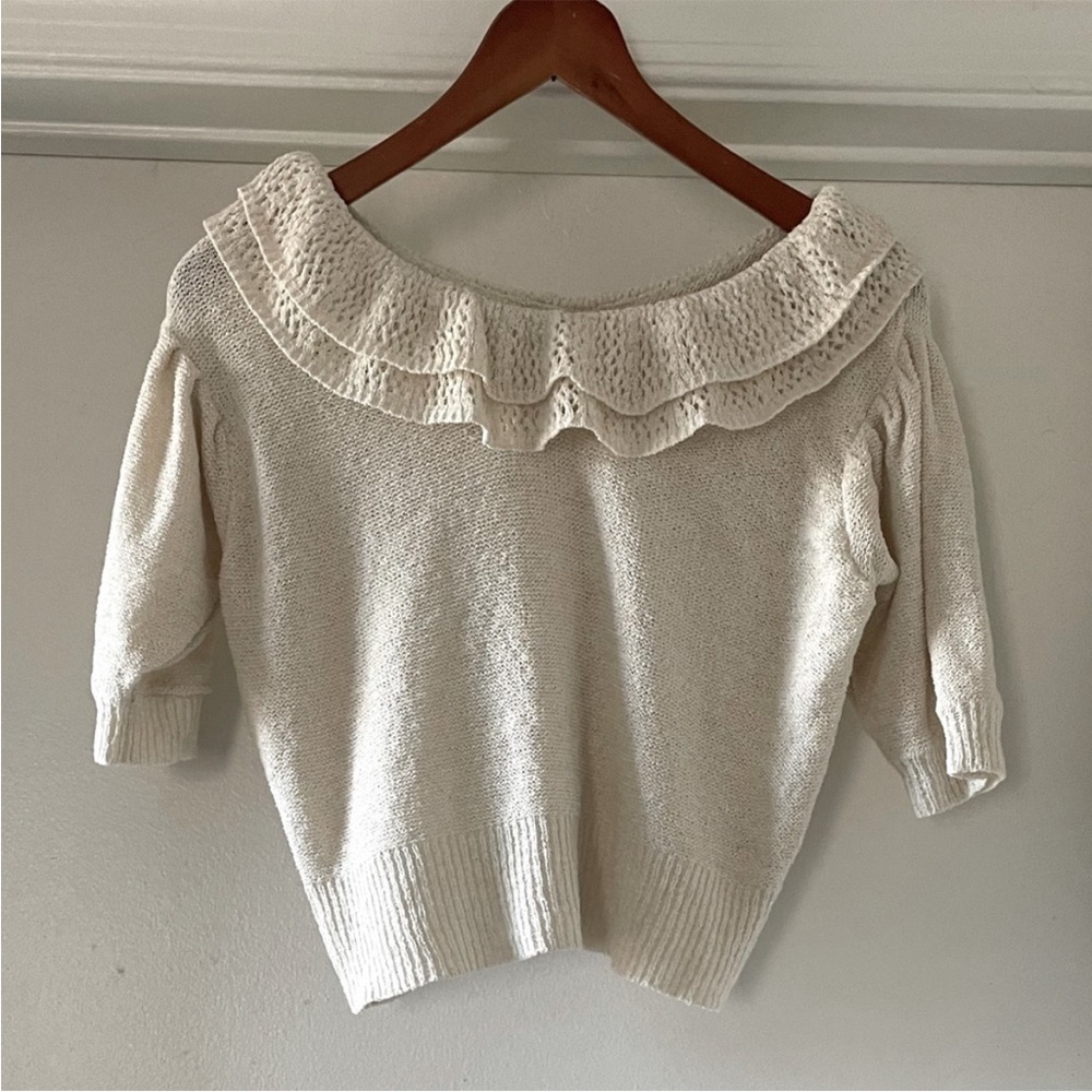 Rouje Elegant Cream Off-Shoulder Ruffle Sweater